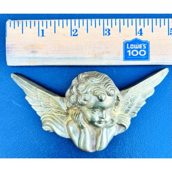 Vintage 5" Brass Cherub Angel with Wings Small Catholic Collectible Wall Hanging - Picture 2 of 3